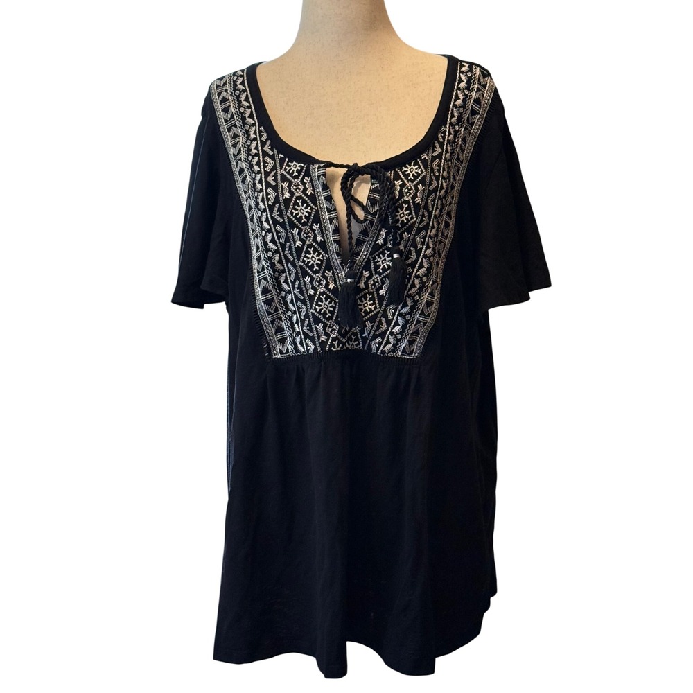 18/20 Lane Bryant Womens Black Embroidered Tassel Peasant Top Plus Boho Tunic